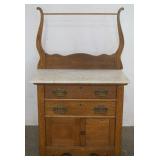 1166	OAK 2 DOOR, 2 DRAWER MARBLE TOP WASH STAND WITH HARP & TOWEL BAR, APPROXIMATELY 33 IN X 18 IN X