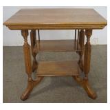 1171	OAK ANTIQUE PARLOR TABLE WITH REEDED SQUARE COLUMNS AND LOWER HANGING SHELF, APPROXIMATELY 30 I