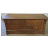 1173	OAK 3 DRAWER LOW CHEST WITH CARVED DRAWER FRONTS, APPROXIMATELY 53 IN X 23 N X 22 IN H