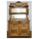 1176	OAK SIDEBOARD HAVING 4 DRAWERS, 2 DOORS, SCROLLED CARVED, PAW FEET AND DOUBLE MIRROR TOP, APPRO