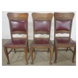 1177	SET OF 3 ANTIQUE OAK CHAIRS WITH LEATHER SEATS AND BACK, EACH APPROXIMATELY 18 IN X 17 IN X 39 