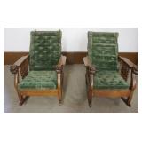 1192	PAIR OF UNUSUAL OAK MORRIS ROCKERS WITH LION HEAD CARVING AT ARM ENDS WITH TWIST COLUMN SIDES, 