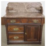 1196	WALNUT VICTORIAN MARBLE TOP STAND WITH BROWN MARBLE, BACK SPLASH, LAMP SHELVES, 3 BURL WOOD FRO