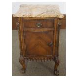 1207	WALNUT MARBLE TOP STAND HAVING 1 DRAWER AND 1 DOOR, APPROXIMATELY 19 IN X 15 IN X 30 IN H