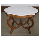 1209	WALNUT VICTORIAN MARBLE TURTLE TOP TABLE, APPROXIMATELY 40 IN X 29 IN X 29 IN H