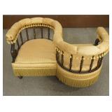 1216	VICTORIAN UPHOLSTERED TETE TO TETE COURTING CHAIR WITH TURNED SPINDLE AND HAVING TASSELS, APPRO