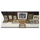 1223	GROUP OF ASSORTED FRAMES, SOME WITH ARWORK, PHOTOS, ETC., LARGEST APPROXIMATELY 31 IN X 25 IN
