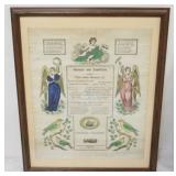 1228	FRAMED ANTIQUE 1858 HAND COLORED GERMAN BIRTH CERTIFICATE, APPROXIMATELY 18 IN X 22 IN OVERALL