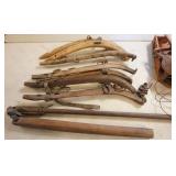 1237	GROUP OF ASSORTED HORSE HARNESSES, GRAIN FLAIL, RUG BEATER AND GRASS SEEDER