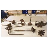 1243	GROUP OF CAST IRON PETAL SHAPED BRACKETS AND HANGING METAL CHANDELIER