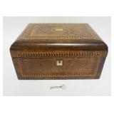 1010	ANTIQUE BURL WOOD BOX W/MOTHER OF PEARL & GEOMETRIC BORDER INLAYS, INTERIOR LID HAS MIRROR, MIR