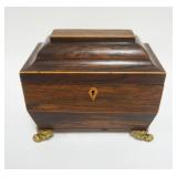 1009	ANTIQUE FEDERAL BOX W/BRASS PAW FEET & LIONS HEADS ON SIDES, APPROXIMATELY 8 IN X 5 IN X 7 1/2 