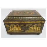 1012	ANTIQUE LACQUERED BOX W/ASIAN SCENES ALL AROUND, APPROXIMATELY 10 IN X 8 IN X 6 IN HIGH