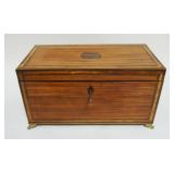 1014	ANTIQUE MAHOGANY TEA CADDY W/BANDED INLAY BORDERS, BRASS PAW FEET, LION HEAD PULLS