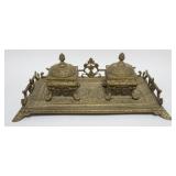 1017	ANTIQUE ORNATE BRASS DOUBLE INKWELL, APPROXIMATELY 13 IN X 8 IN X 5 IN HIGH