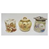 1018	GROUP OF 3 VICTORIAN BISCUIT JARS INCLUDING ROYAL WORCESTER, PORCELAIN HAS RIM CHIP
