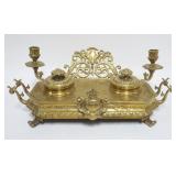 1020	ANTIQUE FANCY BRASS DOUBLE INKWELL W/CANDLE HOLDERS, APPROXIMATELY 18 IN X 10 IN X 7 IN HIGH