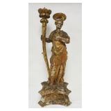 1021	ANTIQUE CARVED WOOD CONTINENTAL GILT DECORATED FIGURAL PRICKET STICK, SOME LOSS, APPROXIMATELY 