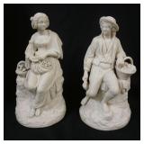 1024	PAIR OF ANTIQUE PARIAN STATUES OF MAN & WOMAN W/GATHERING BASKETS, MAN HAS HAT BRIM CHIP, EACH 