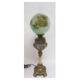 1027	ANTIQUE BANQUET LAMP W/HAND PAINTED SHADE, CAST METAL FOUNT & BASE W/CHERUBS & ONYX CENTER COLU