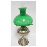 1029	ANTIQUE NICKEL PLATED RAYO LAMP W/GREEN CASED GLASS SHADE, APPROXIMATELY 21 IN HIGH