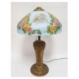 1032	ORNATE PARLOR LAMP W/CAST METAL FLORAL EMBOSSED BASE & SIGNED M RADDISH REVERSE PAINTED SHADE, 