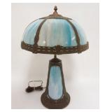 1036	ANTIQUE PARLOR LAMP W/BLUE SLAG GLASS PANELS TOP & BASE, APPROXIMATELY 24 IN HIGH