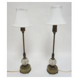 1037	PAIR OF BOUDOUR LAMPS W/GLASS BALLS & MARBLE BASE, EACH APPROXIMATELY 21 IN HIGH