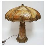 1040	ANTIQUE PARLOR LAMP W/SLAG GLASS PANELS ON SHADE & BASE, SOME LOSS TO METAL TRIM, APPROXIMATELY