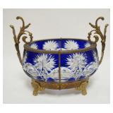 1053	COBALT CUT TO CLEAR CENTER BOWL IN ORNATE METAL FRAME & BASE, APPROXIMATELY 12 IN X 10 IN HIGH