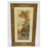 1114	FRAMED COLORED LITHOGRAPH OF BIRCH TREES ALONG WOODED STREAM, APPROXIMATELY 16 IN X 28 IN OVERA