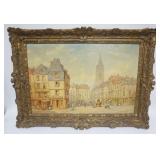 1116	OIL PAINTING ON CANVAS ARTIST SIGNED PIERRE LE BOEUFF, STREET SCENE, SOME LOSS TO FRAME, APPROX