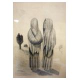 1128	FRAMED PRINT OF 2 CLOAKED PEOPLE W/CATUS IN BACKGROUND, TITLED & ARTIST SIGNED, APPROXIMATELY 1