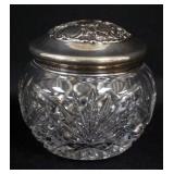 1139	ANTIQUE STERLING SILVER & CUT GLASS DRESSER JAR, GROUND & POLISHED BASE, APPROXIMATELY 4 IN X 3