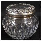 1140	ANTIQUE STERLING SILVER & CUT GLASS DRESSER JAR, GROUND & POLISHED BASE, APPROXIMATELY 3 1/2 IN