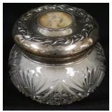 1142	STERLING SILVER & CUT GLASS DRESSER BOX, LID HAS PORTRAIT IN CENTER, APPROXIMATELY 4 IN X 3 3/4