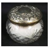 1145	ANTIQUE STERLING SILVER & CUT GLASS DRESSER BOX W/GROUND & POLISHED BASE, APPROXIMATELY 4 IN X 