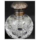 1152	ANTIQUE CUT GLASS PERFUME WITH HINGED SILVER LID AND STOPPER, HALL MARKS, APPROXIMATELY 4 IN H
