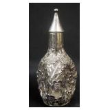 1161	ANTIQUE STERLING SILVER OVERLAY TOOLED PERFUME BOTTLE, FLORAL AND VINE OVER PINCH BOTTLE, APPRO