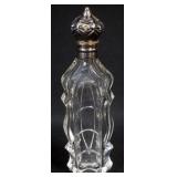1163	CUT GLASS PERFUME WITH HINGED SILVER LID AND INTERIOR STOPPER, SMALL CHIP ON BASE, APPROXIMATEL