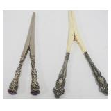 1201	STERLING REPOUSSE SILVER HANDLED LADIES GLOVE STRETCHERS, 1 WITH AMYTHYST JEWEL END, LARGEST AP