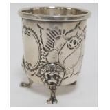 1204	STERLING SILVER B & M HAND CHASED FOOTED CUP, LIONS HEADS AND PAW FEET, 2.2 OZT