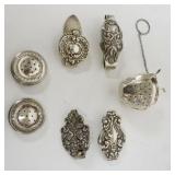 1229	STERLING SILVER GROUP ASSORTED CLASPS, TEA STRAINER AND SCENT HOLDERS, 3.4 OZT