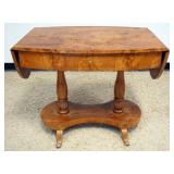 1245	BIEDERMEIER 1 DRAWER DROP LEAF TABLE WITH BURLED WOOD QUARERED BOOKMATCH TOP, APPROXIMATELY 38 