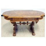 1268	OUTSTANDING ANTIQUE BURL WOOD CARVED TABLE WITH SWAN HEADS, APPROXIMATELY 56 IN X 34 IN X 30  I