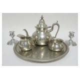 1016	HENRY FORD MUSEUM WOODBURY PEWTER GREENFEILD VILLAGE TEASET W/TRAY & 2 PEWTER CANDLESTICKS, TRA