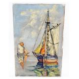 1108	OIL PAINTING ON BOARD, IMAGE OF SAILING SHIPS ON WATER, ARTIST SIGNED AND DATED 1937, APPROXIMA