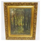 1109	OIL PAINTING ON CANVAS, IMAGE OF PEOPLE WALKING THROUGH A FOREST, APPROXIMATELY 18 1/2 IN X 22 