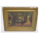 1110	OIL PAINTING ON CANVAS, IMAGE OF COUPLE SEATED AT A TABLE IN COTTAGE, ARTIST SIGNED, APPROXIMAT