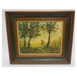 1111	OIL ON BOARD, ABSTRACT WOODED SCENE, ARTIST SIGNED LOWER LEFT, APPROXIMATELY 25 1/2 IN X 21 3/4